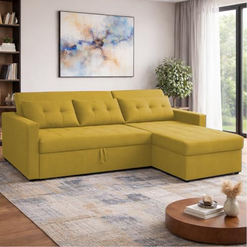 Image of Emilio 4 Seater RHS L - Shape Pull-Out Sofa Cum Bed Sofa for Living Room (Yellow Fabric Color) Premium Fabric Sofa Set for Living Room Sofa Cum Bed