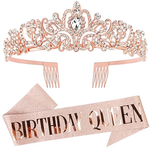 DRESHOW Couronne et Écharpe d'Anniversaire pour Femmes Couronne de Reine et Diadème en Strass Diadèmes et Écharpes d'Anniversaire pour filles Décorations...