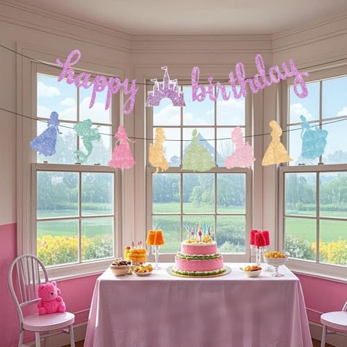 Image of Princess Birthday Banner Decorations - Pink Happy Birthday Garland Glitter Bunting for Girls Coquette Birthday Party Decorations Favor Supplies