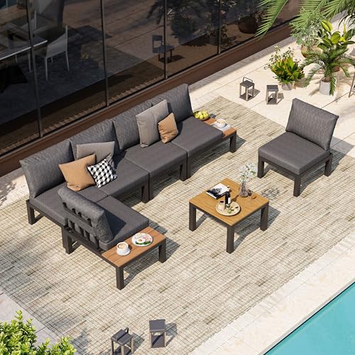Oasbira Aluminum Modular Outdoor Patio Furniture Set, 6 Seats Patio Sectional Sofa Set with Adjustable Backrest & Thick Cushions, All-Weather Conversation Sets with Table for Garden & Yard, Graphite