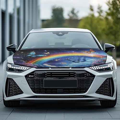 Image of 3.35 Ft Butterfly Rainbow Prints Car Hood Cover Polyester Elastic Fabric Waterproof Universal Fit Car Cover 39inches59inches /100cm150cm
