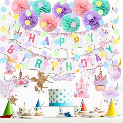 Image of Unicorn Birthday Decorations, Happy Birthday Banner,Unicorn Party Decor | 9pcs Tissue Paper Pom Poms,10pcs Hanging Swirls,Macaron Circle Dots Garland for Girls Bday Party Decorations