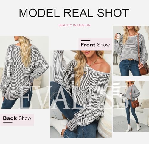 Image of EVALESS Striped Sweaters for Women Boat Neck Batwing Sleeve Oversized Pullover Sweater Tops Womens Fall Clothes Outfits