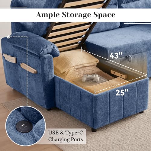 Tbfit 80" Sleeper Sofa Bed, 3 in 1 Cloud Pull Out Sofa Couch with USB & Storage Chaise, Chenille Convertible Sofa Bed with Pull Out Bed, Couches for Living Room, Apartment, Office, Blue - image 3