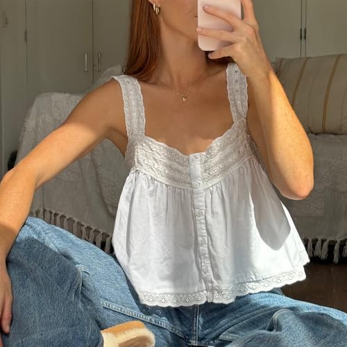 Women Y2K Lace Trim Tank Top Sleeveless Solid Color Tie Up Button Front Crop Top Summer Streetwear Going Out Shirt4