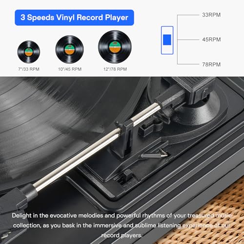 Tocadiscos vintage Bluetooth de 3 velocidades negro para música de salón en vinilo 3