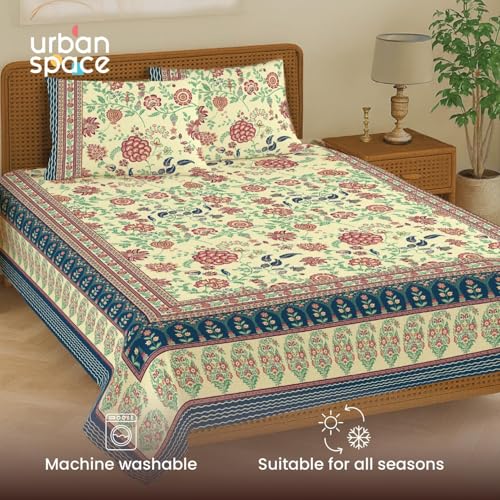 Image of Urban Space 100% Cotton Jaipuri Handblock Premium Printed King Size Bedsheet with 2 Pillow Covers, 240 TC Cotton King Bedsheet (108 x 108 Inches, Gulbagh Navy)