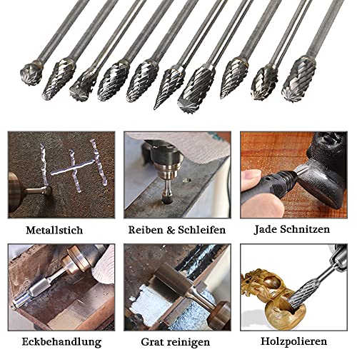 Mesee 10 Stück Rotary Burr Set, Wolframstahl Frässtifte, Raspel Set Hartmetall Frässtift Rotary Burr, Holzbearbeitung Schleifkopf Drehwerkzeug Wolframstahl Grinder für Schnitzen, Gravur, Bohren-100mm