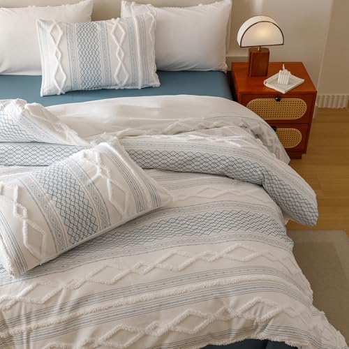 Image of KAREVER Ivory Blue Boho Comforter Set Twin Mixed Textures Jacquard Bedding Set Durable Chic and Stylish Bedroom Set
