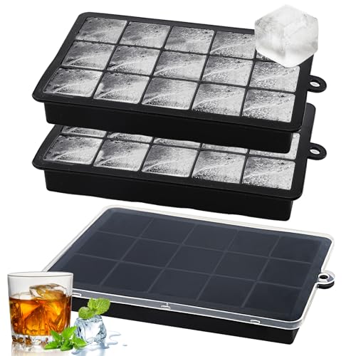Euleryoo 3 Piezas Cubiteras para Hielo de Silicona con Tapa, Bandejas de 45 Cubitos de Hielo Cuadrados Grandes, Apilables Moldes de Silicona para Cócteles, Whisky, Vino, Puré de Frutas (Negro)