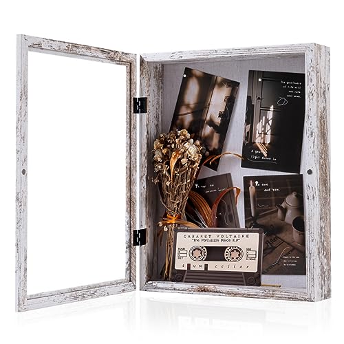 Image of Muzilife 11x14 Shadow Box Picture Frame - 2.16 inch Interior Deep Wood & Glass Rectangle Display Case Ready to Hang Memory Box Baby Sports Memorabilia, Pins, Awards, Tickets, and Photos, Rustic White