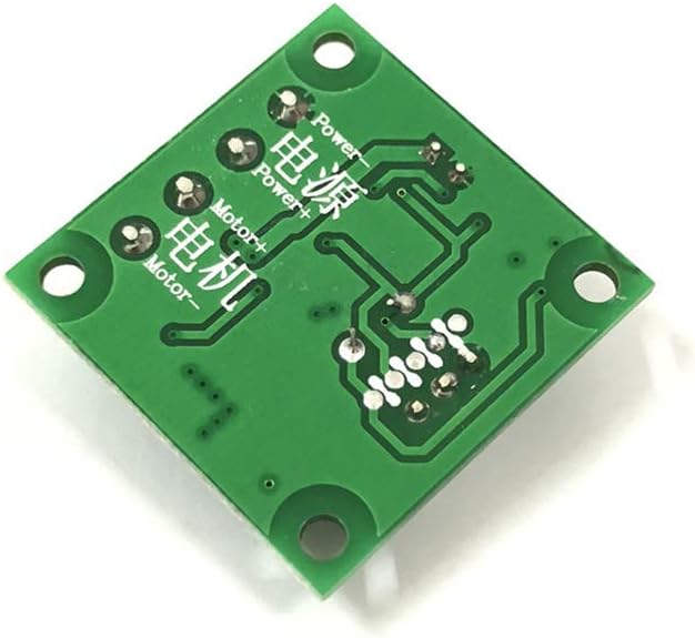 Dno view of the DollaTek 1803BW DC PWM Motor Speed Controller module, showing solder pads labeled 'Power+' 'Power-' and 'Motor+' 'Motor-'. Chinese characters are also visible.