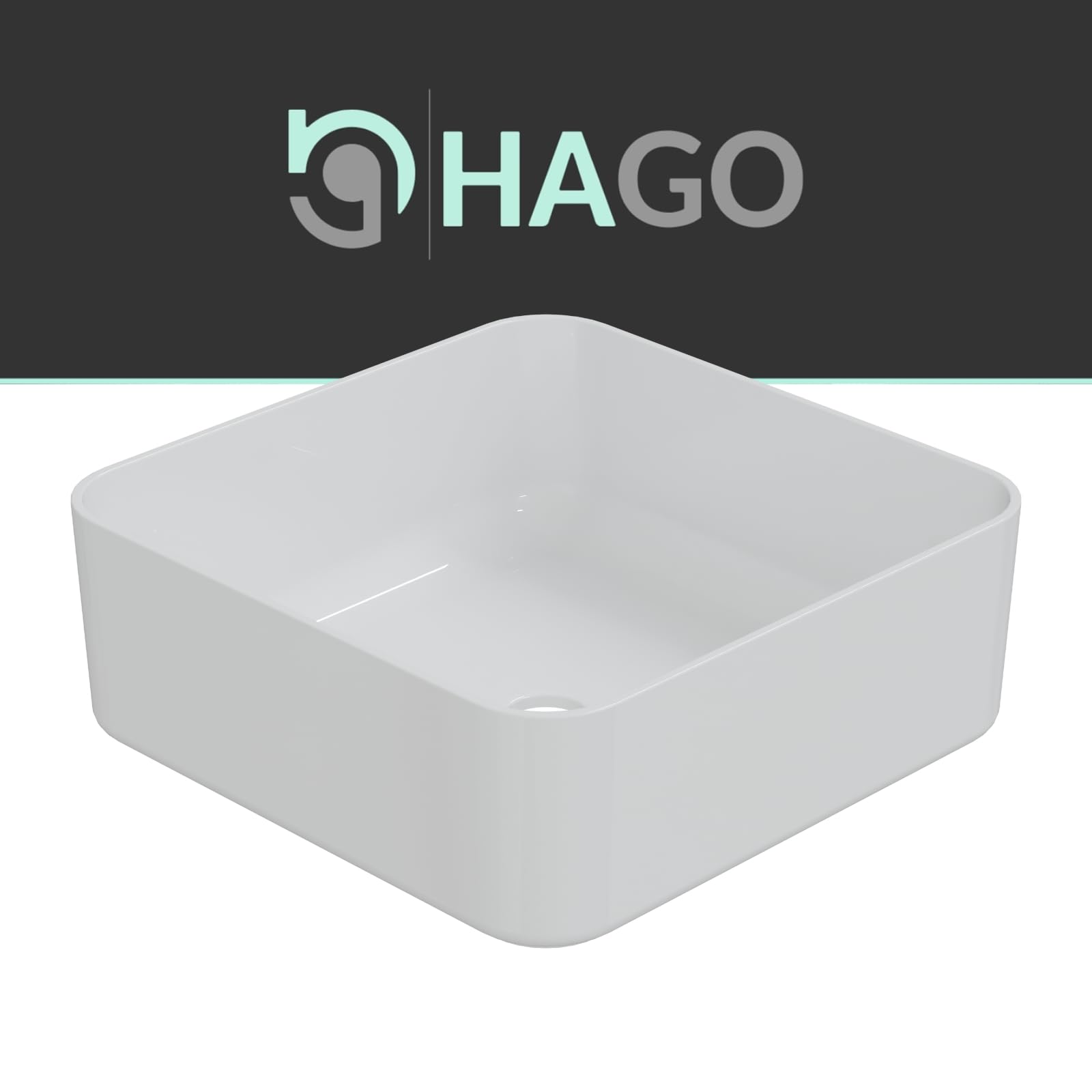 HAGO 24 | Lavabo in ceramica | quadrato 39 x 39 cm | bianco | angoli arrotondati | bordo stretto | Lavabo da appoggio | Ceramica | Antigraffio | Attacco standard