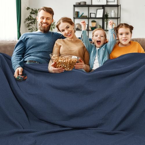 Image of PHF Pre-Washed Cotton Waffle Weave Family Blanket,Oversized King Size 120 inchx 120 inch-Snag Proof Lightweight Breathable, 10'x 10' Huge Extra Large Big-Elegant Aesthetic Home Decoration Gift,Dark Navy