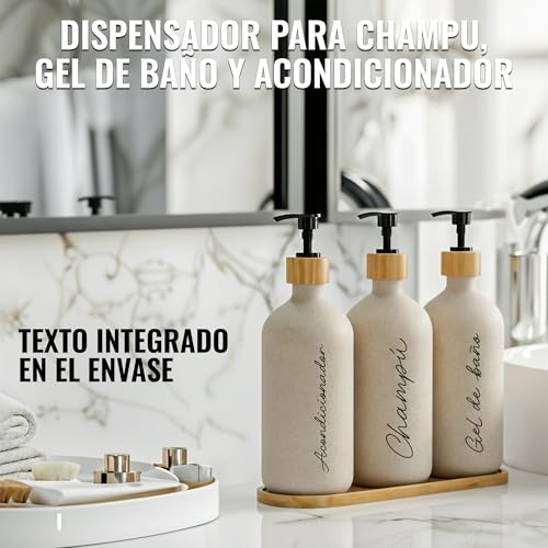 Miniatura 3 de Dispensador De Jabón Baño Kivora Set De 3 Botes Para Gel Y Champú Con Base De Bambú, Dosificador Jabón Baño 500 Ml, Botes Baño Rellenables Para Ducha Y Encimera Trigo