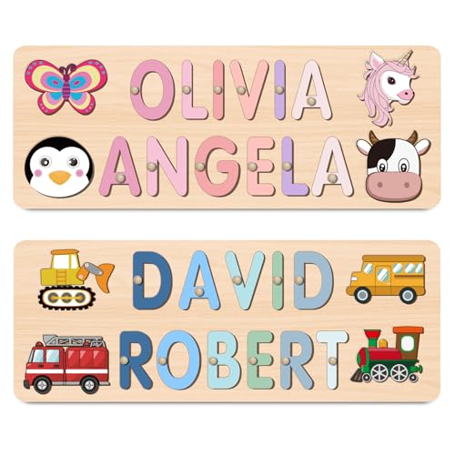 Image of Personalized Name Puzzle for Kids, Customized Baby Gifts First Birthday for Girls & Boys Name Puzzles for Toddlers 1-3 Early Learning Toys Wooden Animal Puzzle Eeducational Toy Alphabet Puzzle