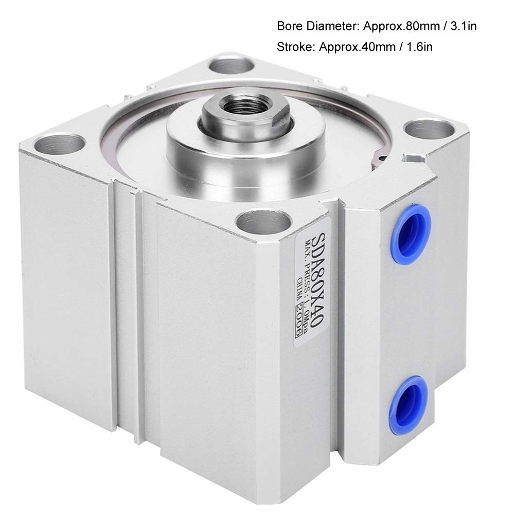 Oumefar Mini Cilindro de Aire de 40 mm de Carrera, Cilindro neumático Delgado de una Sola Varilla de Acero Inoxidable, componentes neumáticos SDA80X40, diámetro de 80 mm
