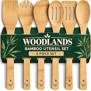 Prime Bamboo Wooden Utensil Set Set of 6 Pcs – Wooden Cooking Utensils with Long Handle, Wooden Spoons for Cooking Includes Flat Wood Spoon, Bamboo Spatula, and Slotted Spoon for Kitchen Utensils Set