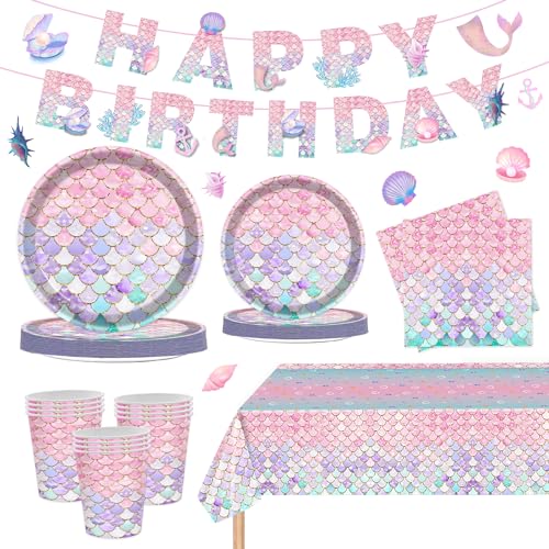 JQSSHXB Mermaid Birthday Party Decorations Set Mermaid Birthday Party Supplies Includes Mermaid Plates Napkin Cup Tablecloth Banner for Baby Shower Ocean Little Mermaid Party Decorations, Serve 25