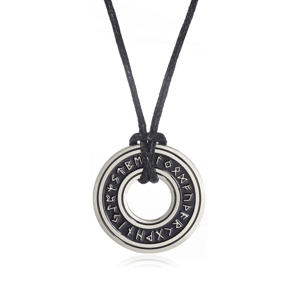 VASSAGO Collar vintage de runas vikingas nórdicas, Corsair Runic Elder Futhark Anillo circular Talismán Colgante Cadena de cuero, joyería de regalo vikingo para hombres y mujeres