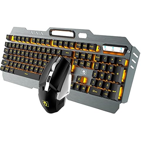 MAMBASNAKE Wireless 2.4G Rechargeable Gaming Keyboard Mouse Set 3800mAh Orange LED Backlit Mechanical Feel Gaming Keyboard +2400DPI 7 Colors Breathing Light Silent Mouse for PC/Computer(Orange LED) Cover
