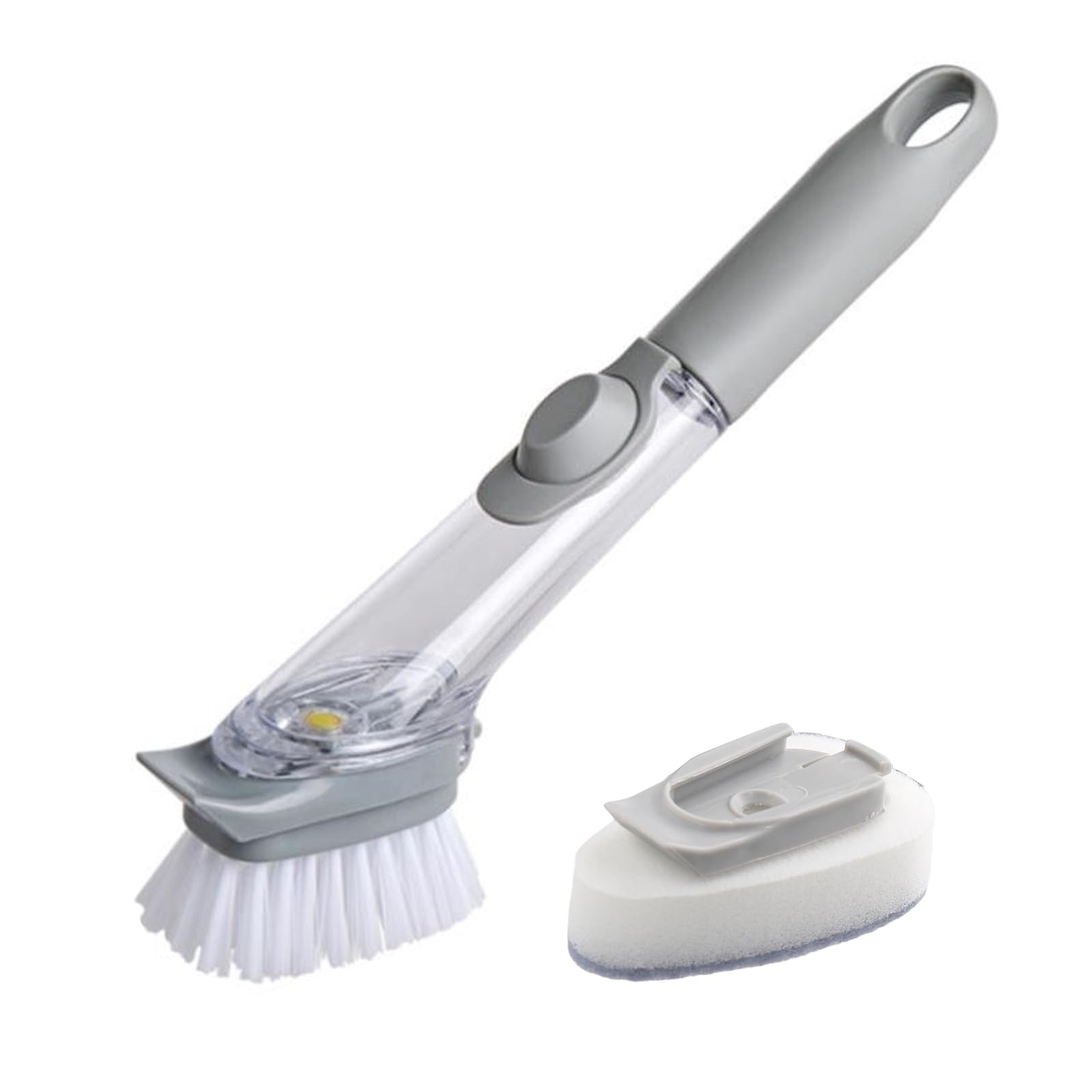 Soap Gray Dispensing Dish Brush With Buckle Sponge，Non-Scratch Kitchen Scrubber for Pots, Pans, Sink, Non-Stick Cookware, Built-In Scraper & Ergonomic Handle