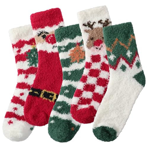 fauson Fuzzy Socks for Women - Slipper Socks for Women 5 Pairs Christmas Cozy Sock for Men Perfect Holiday Gift-A