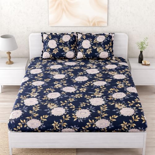 Image of 350 TC Premium Heavy Cotton Feel Elastic Fitted Bedsheet King Size with 2 Frill Pillow Covers King Size || Double Bed with All Around Elastic (Floral, Fitted - 72 inchx78 inch King)