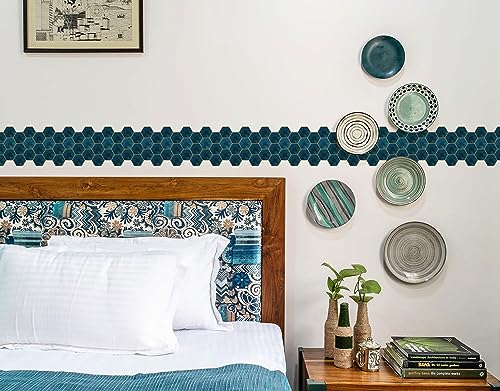 Image of WallDesign Teal Blue Hexagon Self-Adhesive Tile Stickers For Cupboard, Panel, Cabinet, Furniture, Table, Glass, Wall - 6.25 Inches X 10 Ft Border