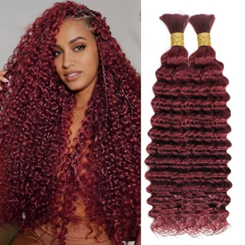 Boho Hair for Braiding Curly Virgin Human Braiding Hair for Women 12A Knotless Deep Wave Bulk Bohemian Styles 100g 18 Inch 2 Bundles/Pack Burgundy Color 99J