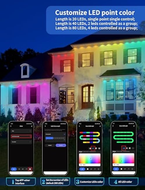 Permanent Outdoor Lights,120ft 80LEDs Permanent Outdoor Lighting,RGB+IC Smart Eaves Lights IP67 Waterproof for Halloween,Christmas,Holiday,Party,Compatible with Alexa,Google