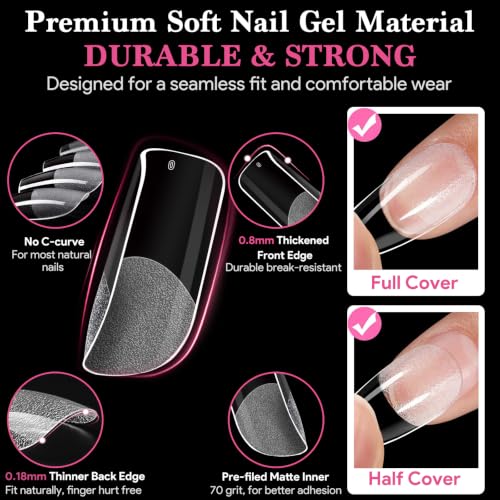 Image of Medium Square Nail Tips 510 Pcs Clear Half Matte 15 Sizes | Clear full cover square tips with pre-shaped half matte surface for DIY nail extensions and salon manicures.