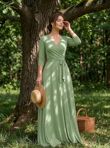 Image of PinkPatty Plus Size Maxi Dresses for Women Casual Flowy Long Dress 3 /4 Sleeve V Neck Wrap Dress with Belt