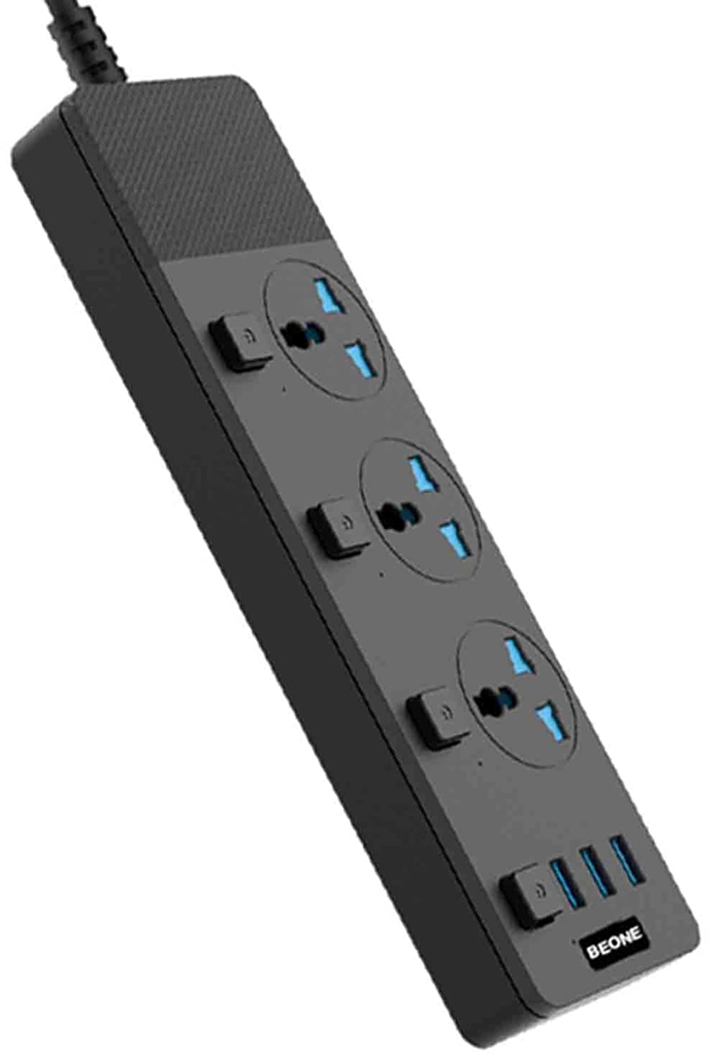 BE-ONE T11 3 Way Universal Extension Lead Power Strip with 6 USB Ports (Black, 2M)