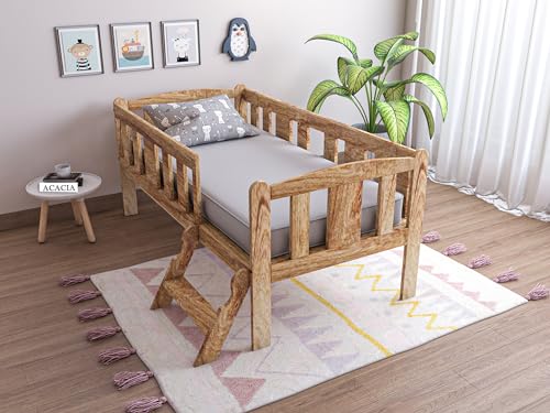 Acacia Wooden Kids Bed | Kids Single Bed Cot with Ladder for Bedroom and Home Decor | Sturdy & Durable | Solid Sheesham Wood | Pine Finish (Size: 49 x 26 x 27.5 Inch)