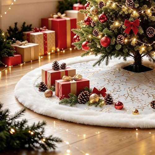 36 Inch White Christmas Tree Skirt, Large Xmas Tree Skirts w/Gold Branch - image 1