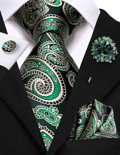 Image of Hi-Tie Men Silk Ties Set with Flower Lapel Pin Necktie Pocket Square Cufflinks for Tuxedo Wedding Business