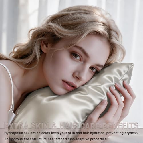 Image of LYSHIN Beige Silk Pillow Cases 2 Pack Standard Size with Zipper | 19 Momme Mulberry Silk Pillowcase for Skin and Hair, Anti-Acne, Hypoallergenic, Cooling, Beauty Sleep, Gifts for Women