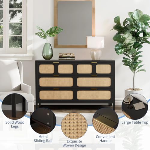6 Drawer Dresser, Rattan Dresser for Bedroom with Metal Handles, Farmhouse Wood Storage Chest of Drawers for Bedroom, Living Room, Hallway, Entryway, Black