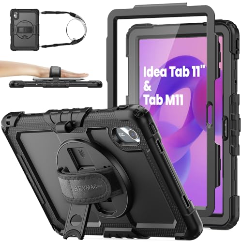 SEYMAC stock Tablet Case for Lenovo Idea Tab 11 / M11 (TB336FU/TB330FU) 11 inch Drop-Proof Protection Cover with 360 Rotate Stand & Strap [Pen Holder] & Screen Protector 2025/2024 Black