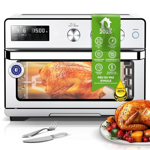 TurboTronic Four à Friteuse à Air, Horno de Aire Caliente Digital XXL 32L con Asador, 5 en 1 Mini Horno y Airfryer, Perfecto para Pollo, Deshidratador y...