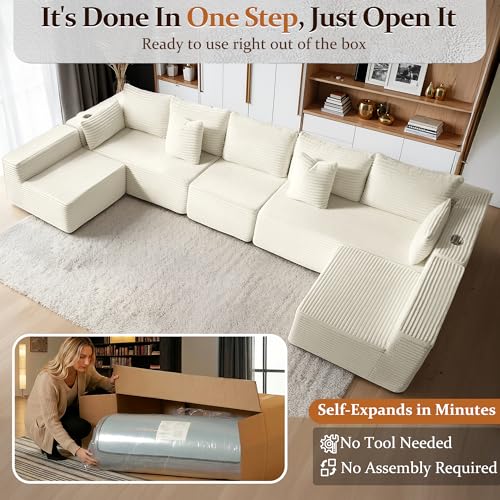 Image of 168 inch Cloud Sectional Couch, Comfort U Shaped Sofa for Living Room, Extra Deep Seats No Assembly, Minimalist Modular Couch, Corduroy (Cream, 7 Seats,U-Shape B)