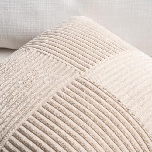 Fancy Homi 2 Packs Tan Decorative Throw Pillow Covers 16x16 Inch for Living Room Couch Bed Sofa, Farmhouse Boho Home Decor, Soft Corss Patchwork Corduroy Textured Square Beige Cushion Case 40x40 cm by Fancy Homi - Used condition - Image 3