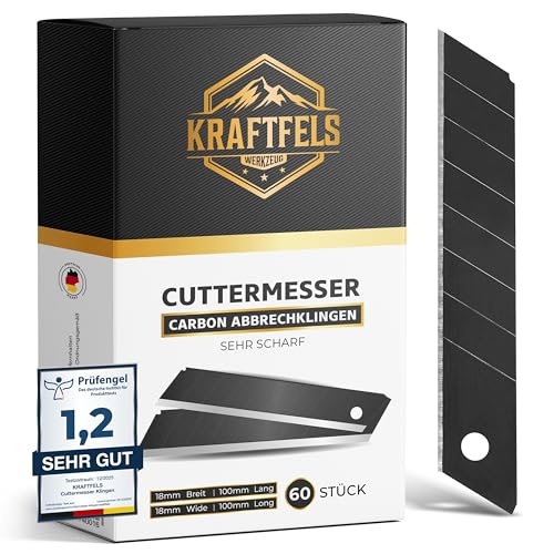 KRAFTFELS 60x Profi Cuttermesser Klingen 18mm - Ersatzklingen Cuttermesser aus hochwertigem Carbonstahl - Klingen Cutter Messer - Gehärtet & ultra scharf - Abbrechklingen für Cutter Messer Schwarz