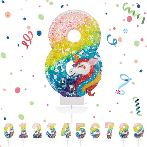 Velas Cumpleaños Números 8,3D Unicornio Arco iris Vela,Vela de Número 8 de Pastel...