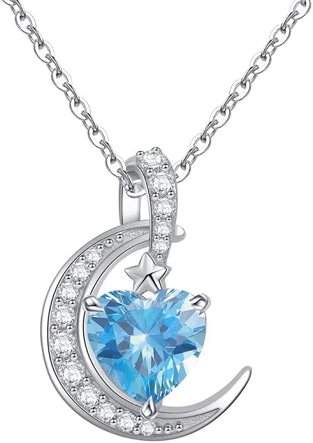 Qings Birthstone Necklace Crescent Moon - Sterling Silver 925 Heart Pendant Dainty Halo Necklaces Birthstones Jewelry Gifts for Women Wife Girls