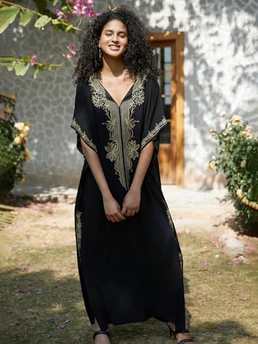 Women's Embroidery Swimsuit Cover Ups Beach Cover Up Caftan Plus Size Vneck Rainbow Ethnic Print Kaftan Batwing2