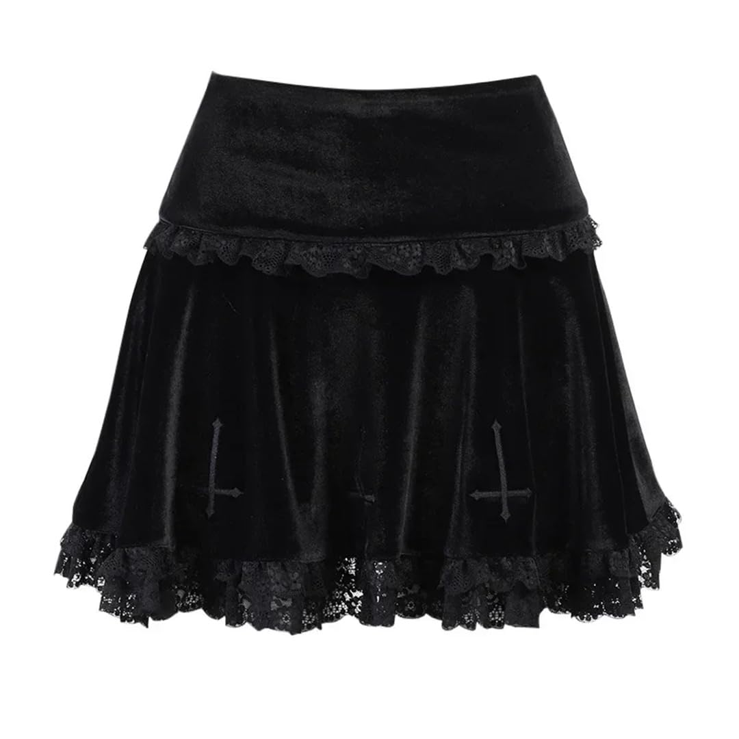 Gonna da donna in pizzo scuro vintage Harajuku a vita alta con volant in pizzo