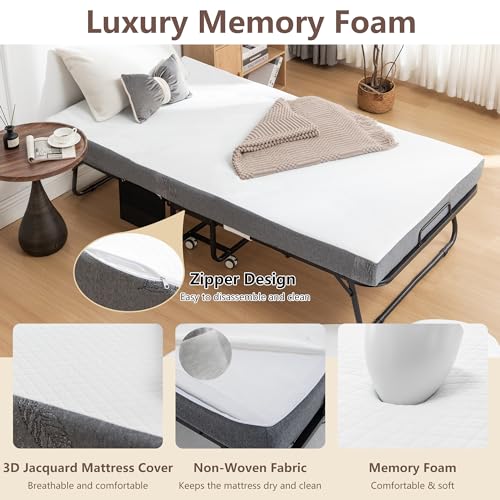 Folding Bed with Mattress, 75\" x 38\" Twin Size Portable Foldable Bed for Guest, Rollaway Bed for Adults with Memory Foam Mattress and Metal Frame, Space Saving Fold Up Bed for Easy Storage