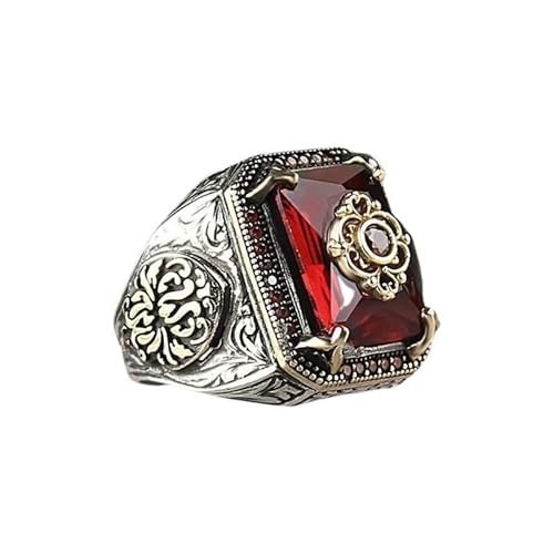 Retro Handmade Turkish Signet Ring for Men Women Ancient Silver Color Carved Eagle Ring Inlaid Red Zircon Punk Motor Stainless Steel,Red,Silver